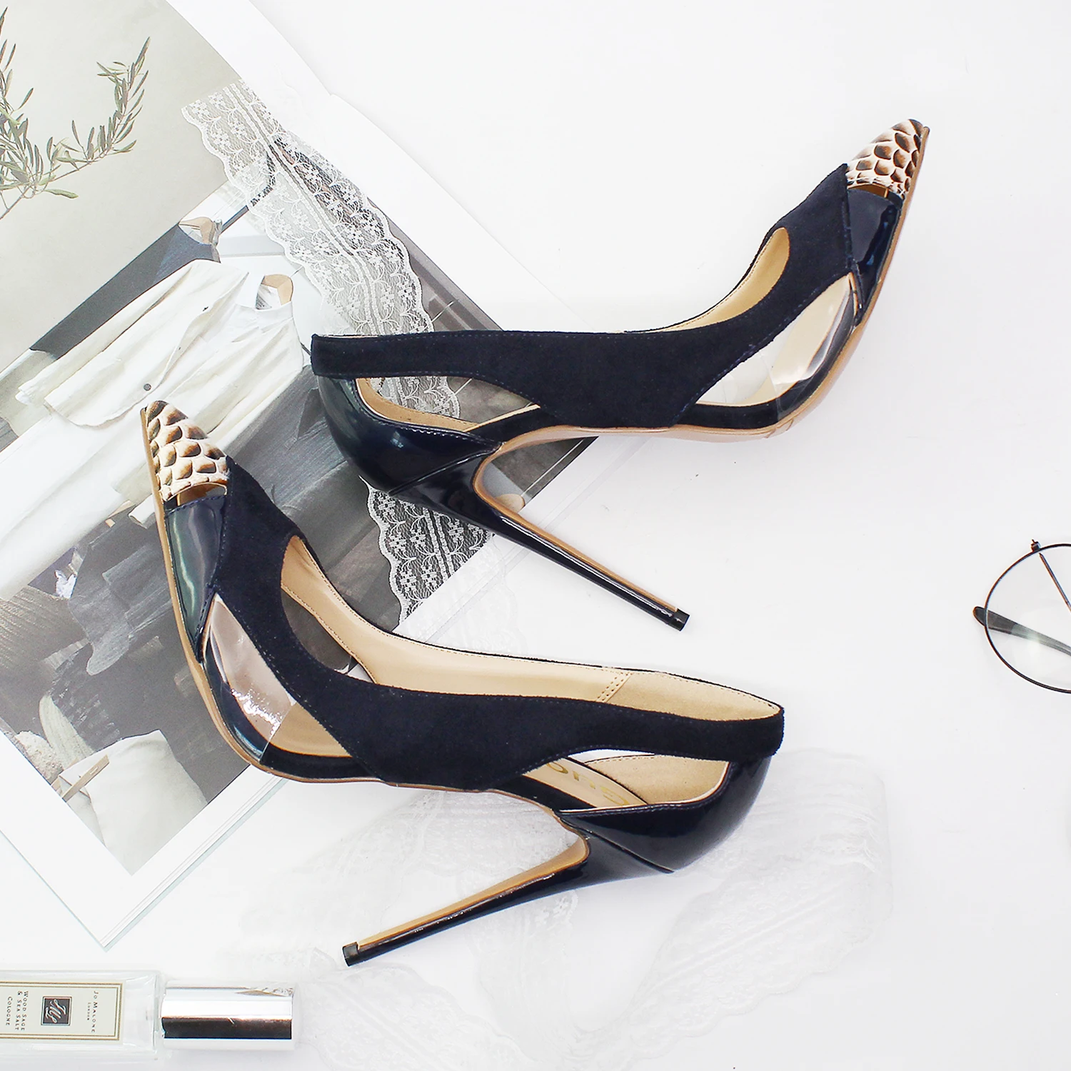 

Spliced Fabric Pointed Toe Stiletto Heels Black Pump For Women With Hollow Character Big Size Shoes