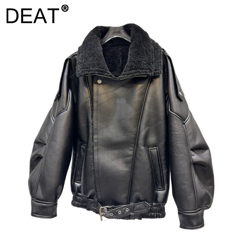 DEAT Women Coats Long Sleeve Vintage Belt Motorcycle Patchwork Zipper Faux Leather Thick Jackets 2024 New Fashion Winter 29L8880