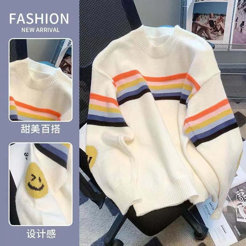 Lazy Smiley Rainbow Stripe Sweater, Knitwear, Women\'s Autumn And Winter Wear, Versatile Loose And Thin, Foreign Pullover Top