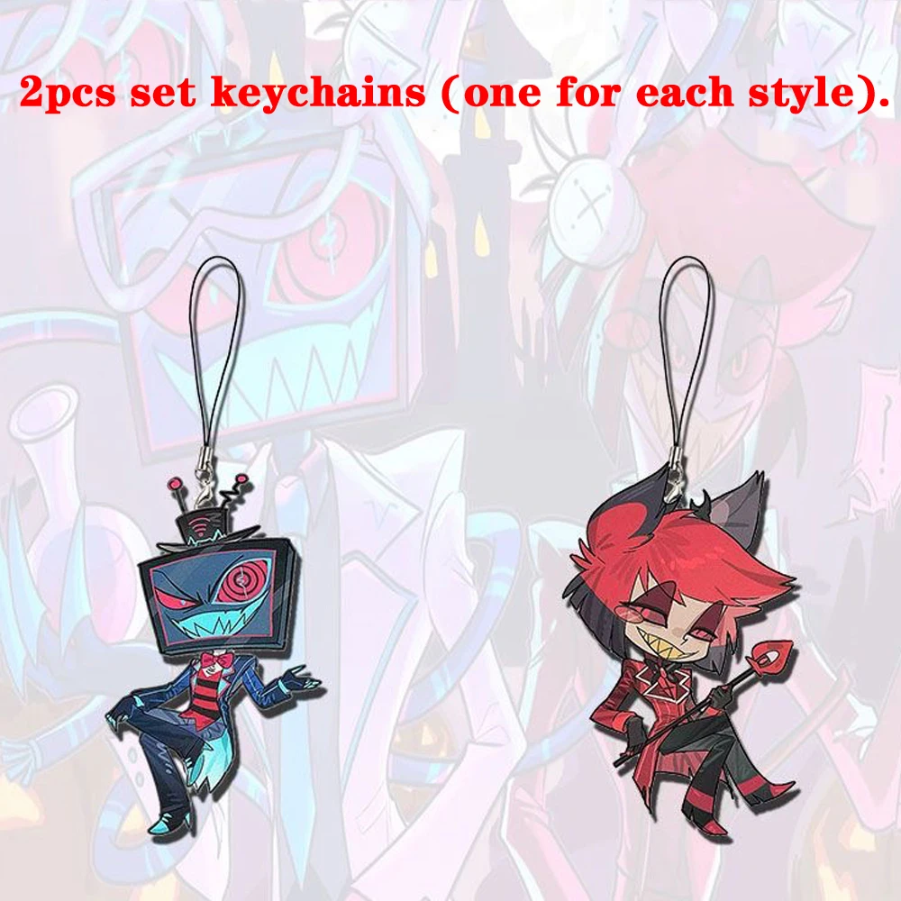 

Набор из 2 шт. забавных аниме-брелоков «Отель Хазбин» с персонажами 3V Vox и Аластором, для ключей, автомобиля, рюкзаков, декоративные подвески-игрушки