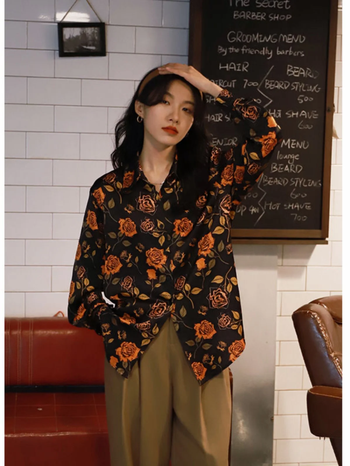 

Retro Hong Kong Sle Loose Long Sve Rose Floral Print irt Ele Personali 2024 High End Casual Women's irt