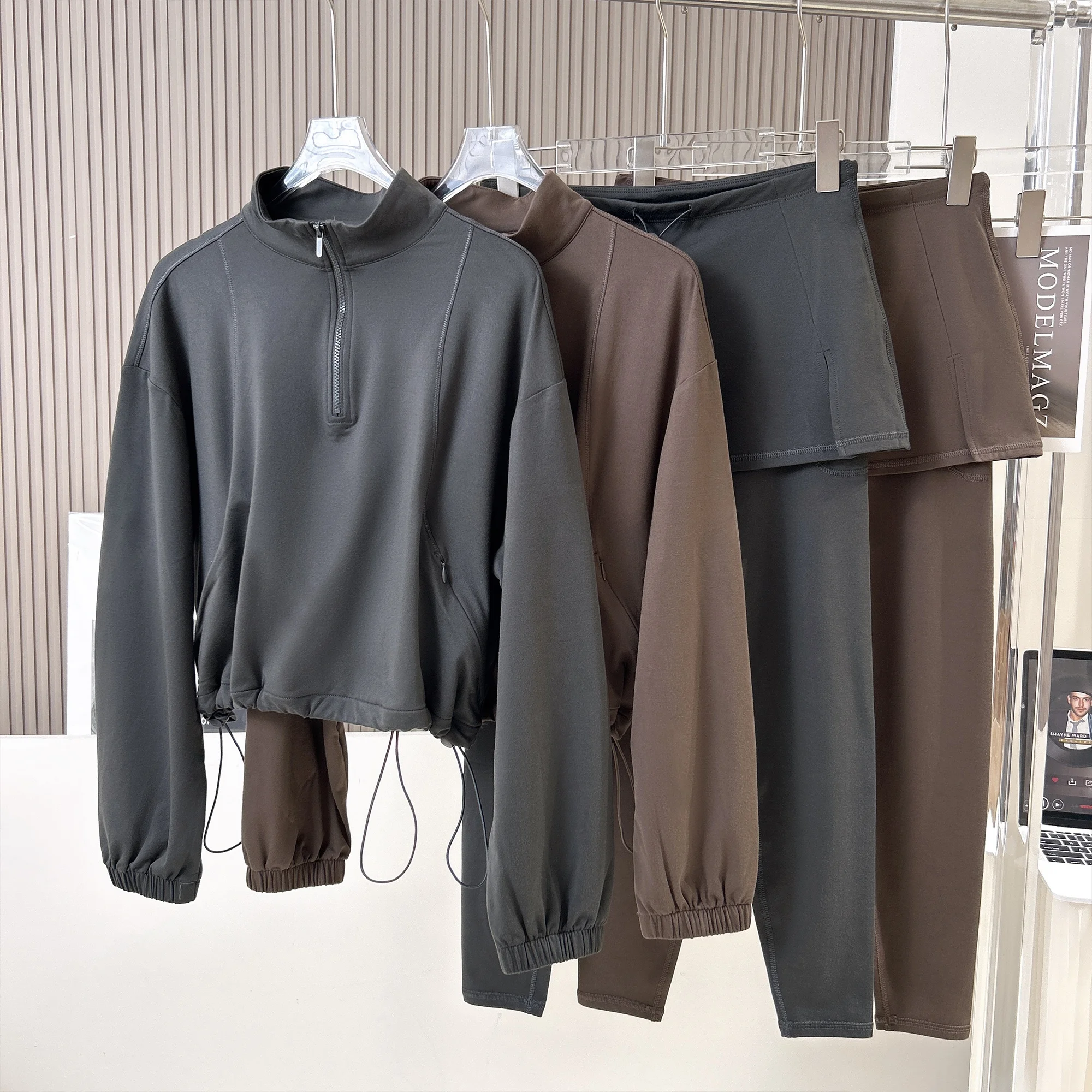 

Women's Autumn Winter Fitness Clothes Set Thin Fleece Warm Long Sleeve Loose Casual Yoga Suit Two-Piece Set Outerwear