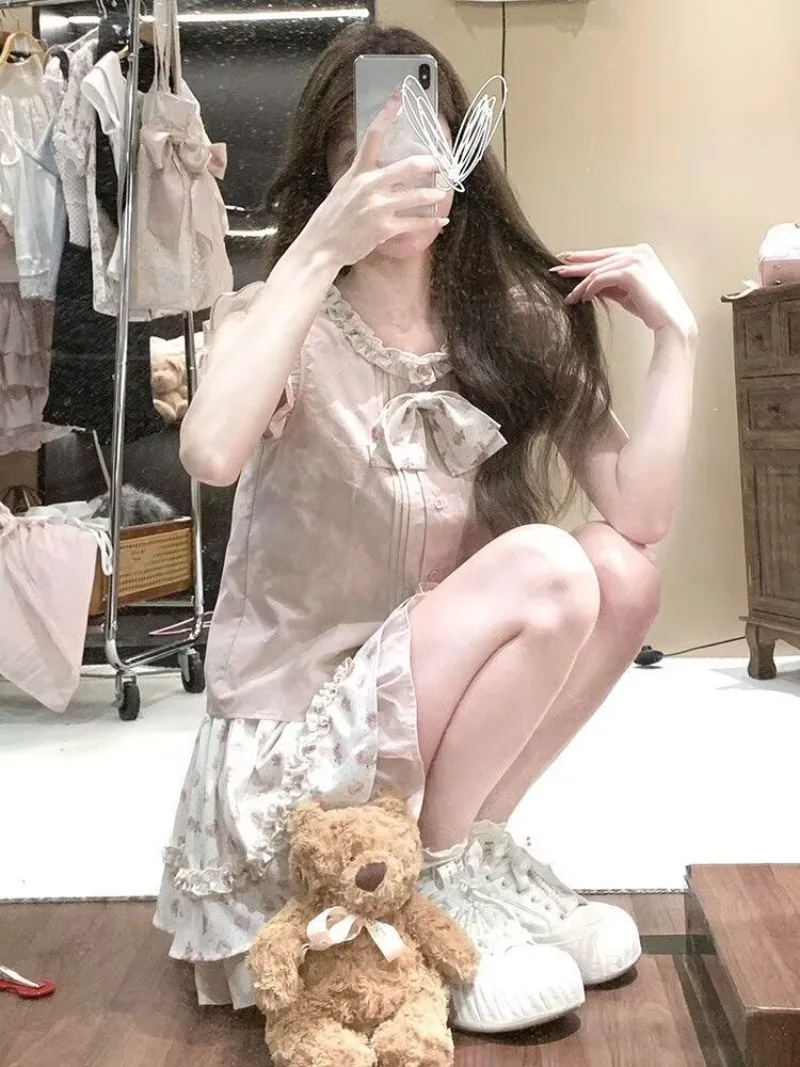 Mori Girl Style Summer Skirts Sets Cute and Sweet Girl Fresh Pink Bow Little Flying Sleeve Top+floral Skirt  2-piece Set Clothes