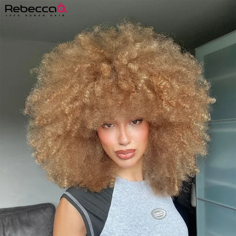 Short Afro Kinky Curly Wigs With Bangs For Black Women 180 Density #27 Light Brown Full Machine Made Human Hair Fluffy Curly Wig