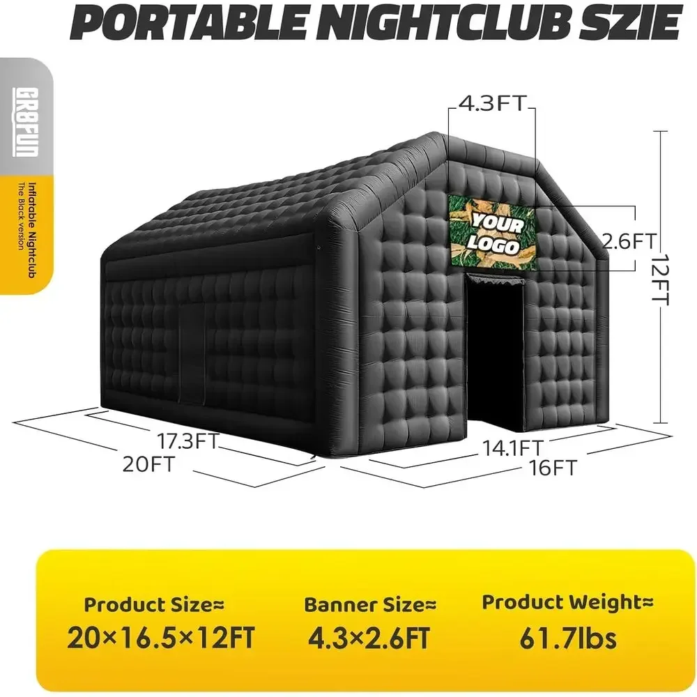 Large Iatable Nightclub Tent 20X16.5X12t with Blower, Black Party Tent, Gazebo Event House or Wedding, Backyard Party, Birthday