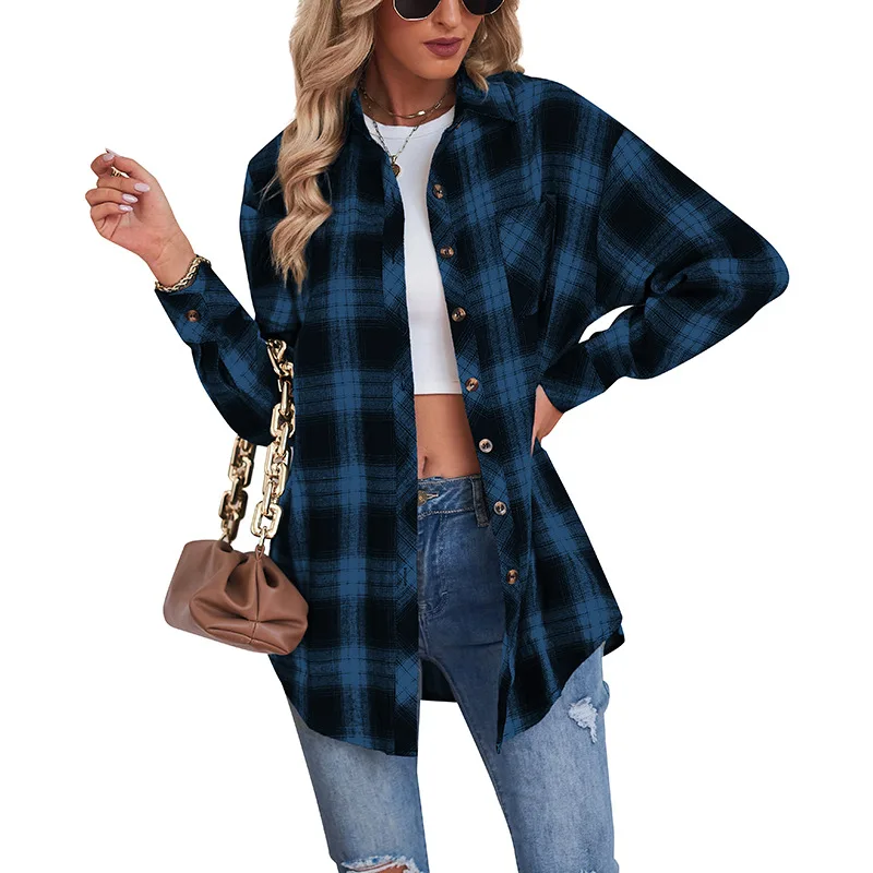 2023 New Autumn and Winter Fashion Simple Plaid Shirt Collar Panel Long Sleeve Temperament Casual Boyfriend Style Loose Shirt