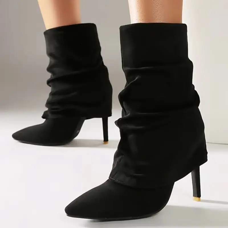 Pleated Women's Ankle Boots Suede Sexy Point Toe Autumn Winter Shoes Fashion High Heels Black Brown Party Dance Shoes