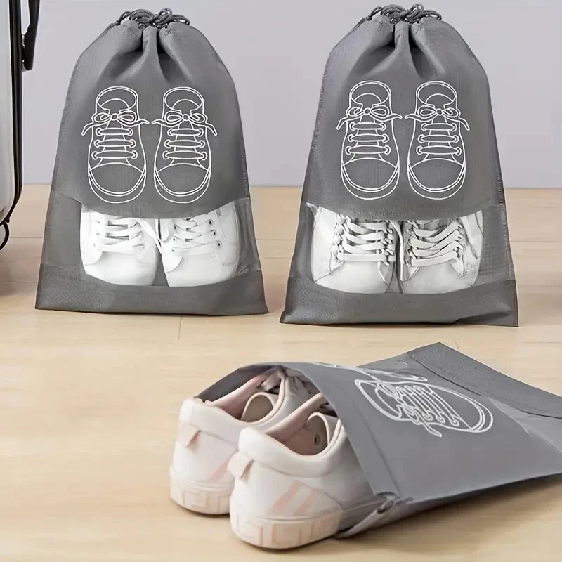 

2PCS Gray Travel Packing Shoe Bags Portable Non-Woven Drawstring Travel Shoe Storage Bag with Clear Window for Men and Women