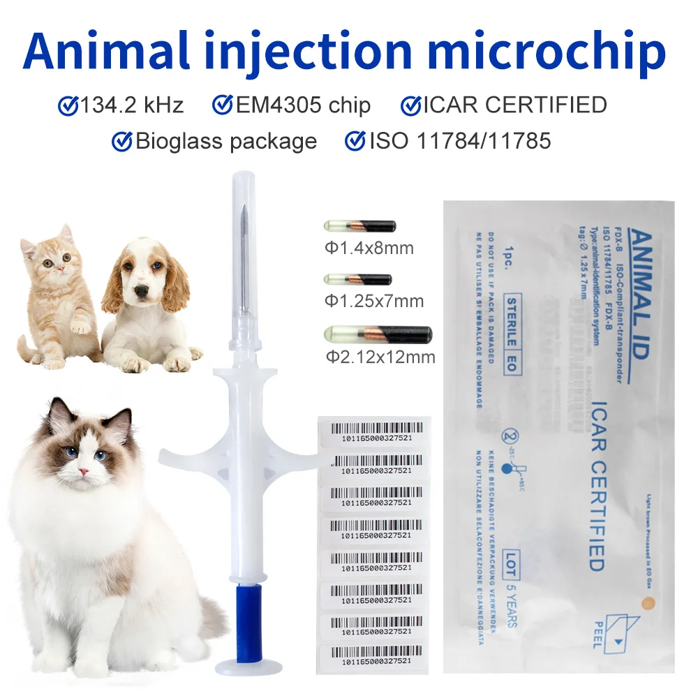 Microchip EM4305 para animales, jeringa con Chip de identificación de mascotas, estándar internacional, 20 piezas de 134,2 KHz, 1/5/FDX-B