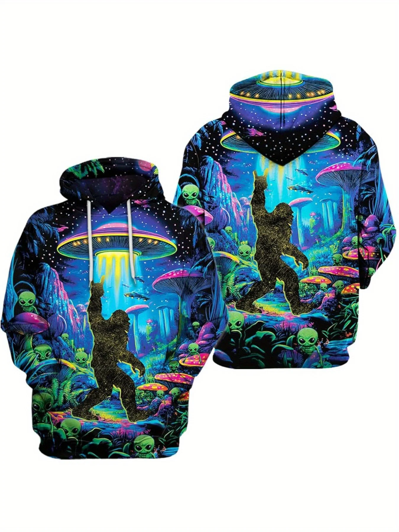 Trippy Neon Mushroom Skull Bigfoot UFO 3D Full Print Hooded Sweatshirt Men Casual Loose Drawstring Pullover Tops