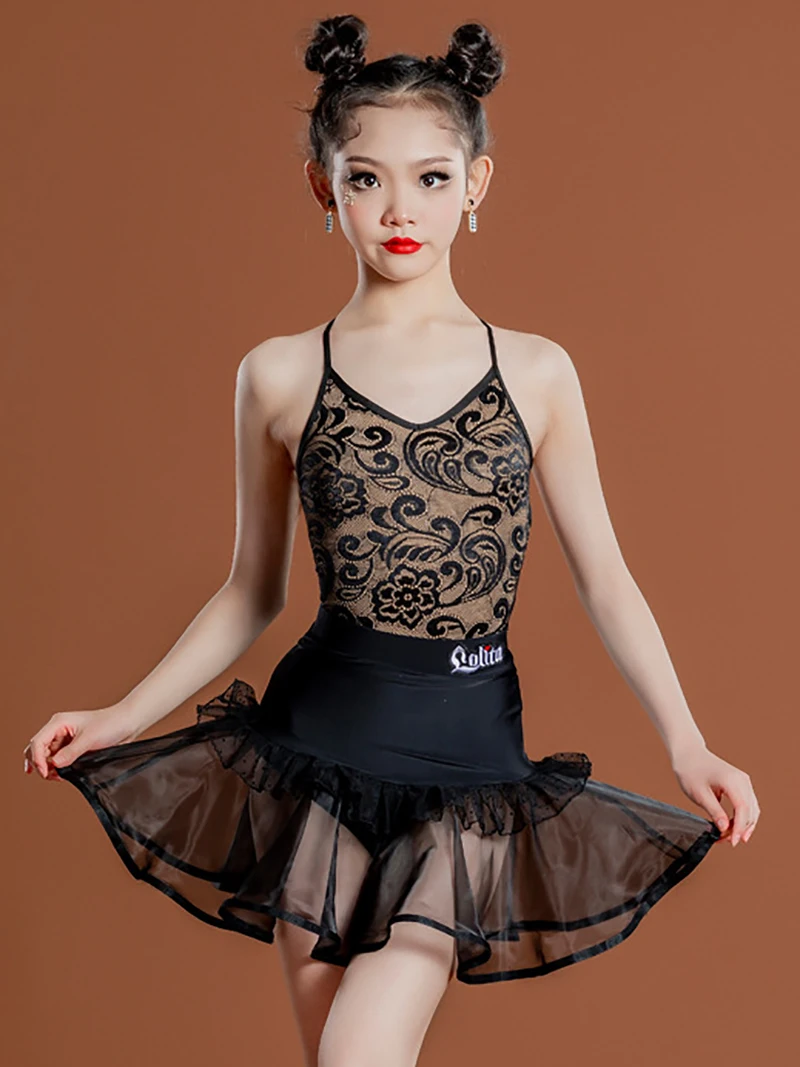 Lolita Bambini Allenamento di danza latina Spettacolo teatrale Ragazze Maglia Backless Costume Chacha Samba Pratica Abbigliamento Dancewear