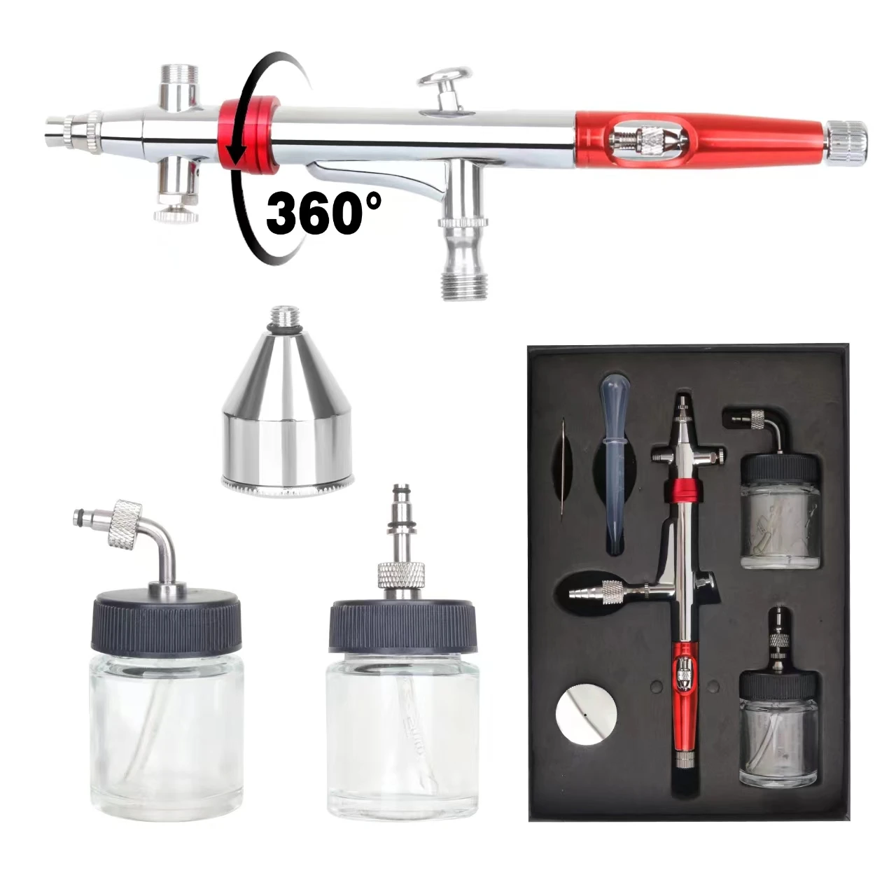Pena Airbrush memiliki cangkir yang dapat diputar 360 derajat yang mendukung semua posisi berbeda dari sikat udara, termasuk gravitasi, samping, dan s