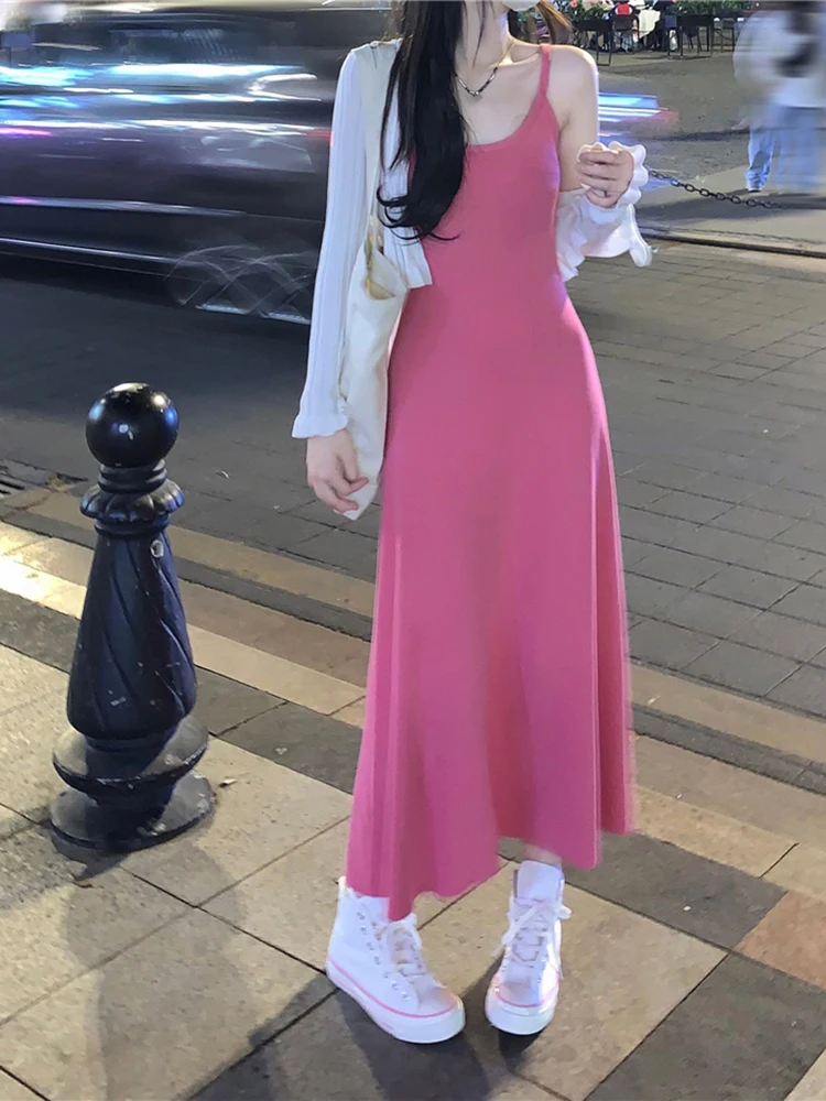 

Gentle Style Elegant Suspender Dress Women Summer New Korean Fashion Niche Slim A-line Long Skirt Solid Color Dresses