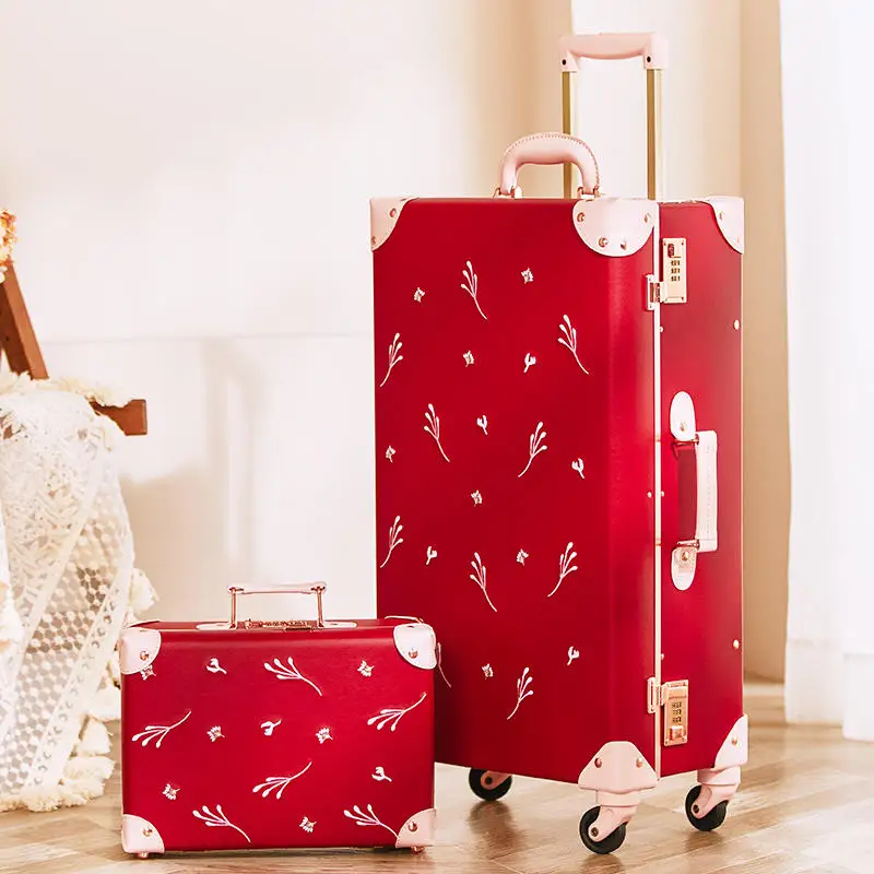 Red Suitcase With Handbag Wedding Dowry Luggage Box Leather High End Pull rod box Combination case a pair of bride dowry box