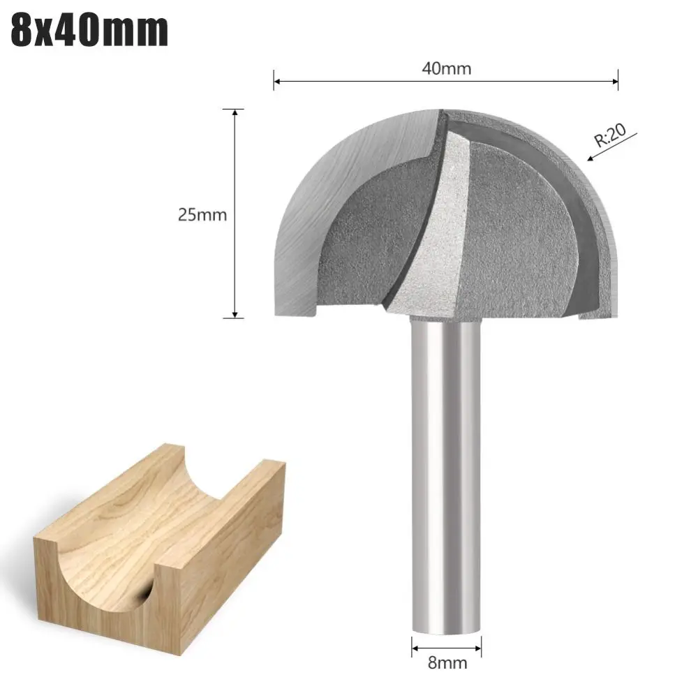 8-mm-Schaft, halbrunder Fräser, R20 mm, Anfasen, kreisförmiger Boden, Schlitz-Bit, Trimmen, Kohlenstoffstahl, Rundnasen-Bits, Zimmerei