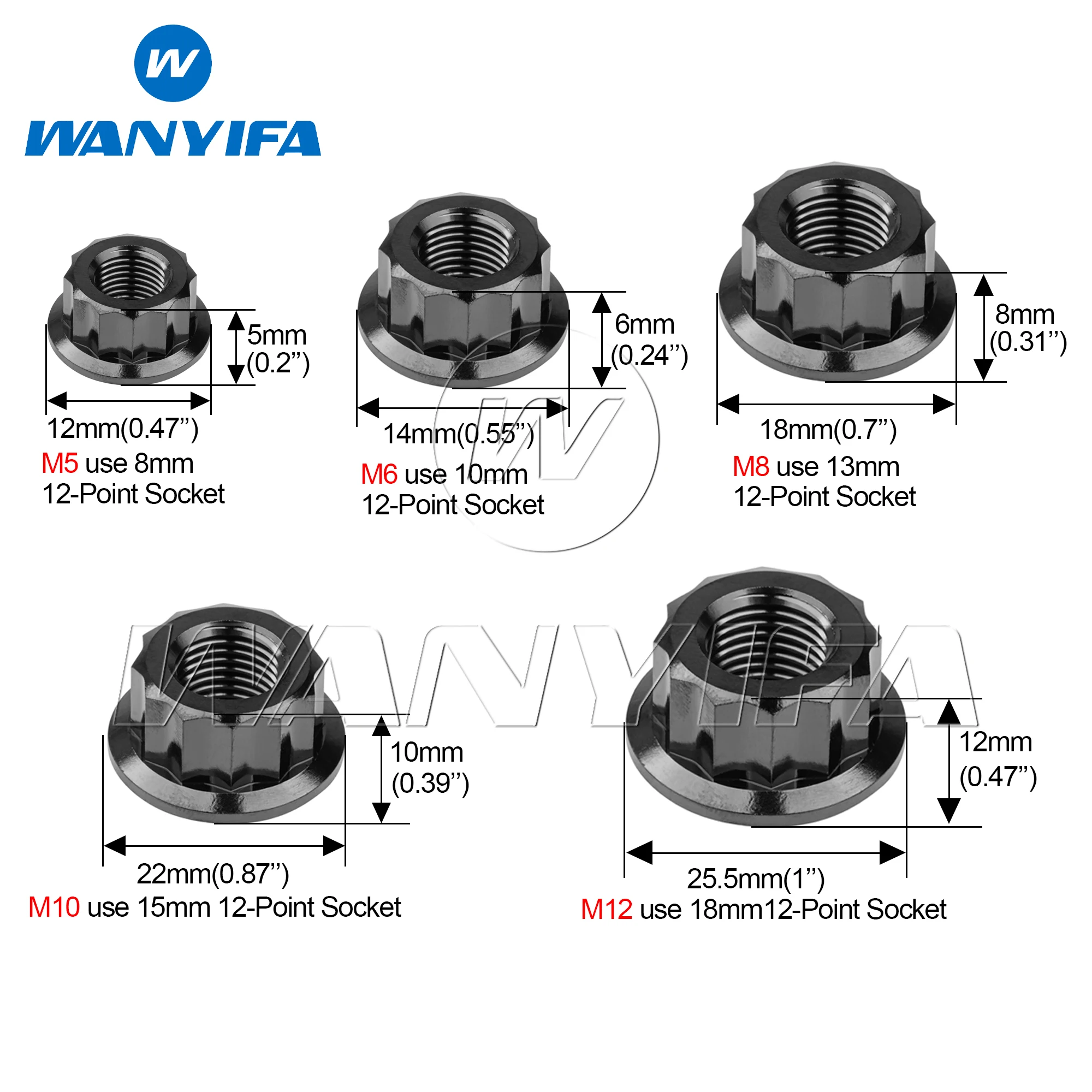 Wanyifa 6pcs Titanium Nut M5 M6 M8 M10 M12 Flange External 12-Point Nut CNC for Bicycle Motorcycle Car Ti Fasteners