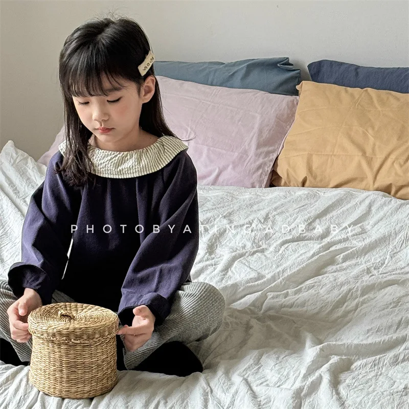 

2024 Autumn New Children Long Sleeve Tops Toddler Girls Solid Lace Collar Shirts Kids Casual Versatile Pullover Baby Clothes