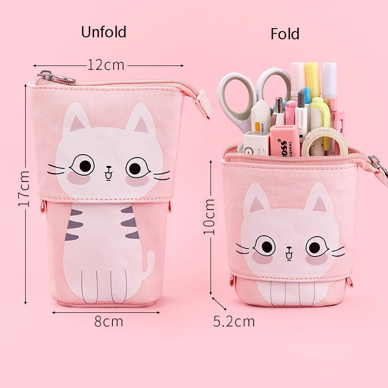 Pen Pencil Bag Case, Cartoon Cute Cat Bear Sheep Canvas Fold Standing Holder Stationery Organizer Kids Gift A6445