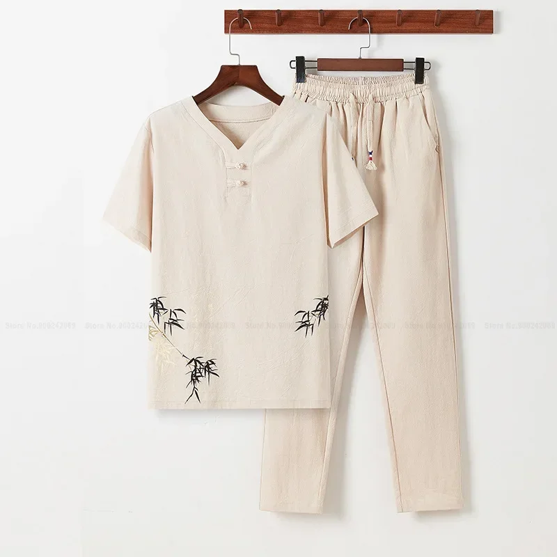 Linen Zen Tea Tee Tops Pants Kung Fu Uniform Oriental Fashion Casual Loose T-shirt Chinese Retro Style Tang Suit Men Trousers