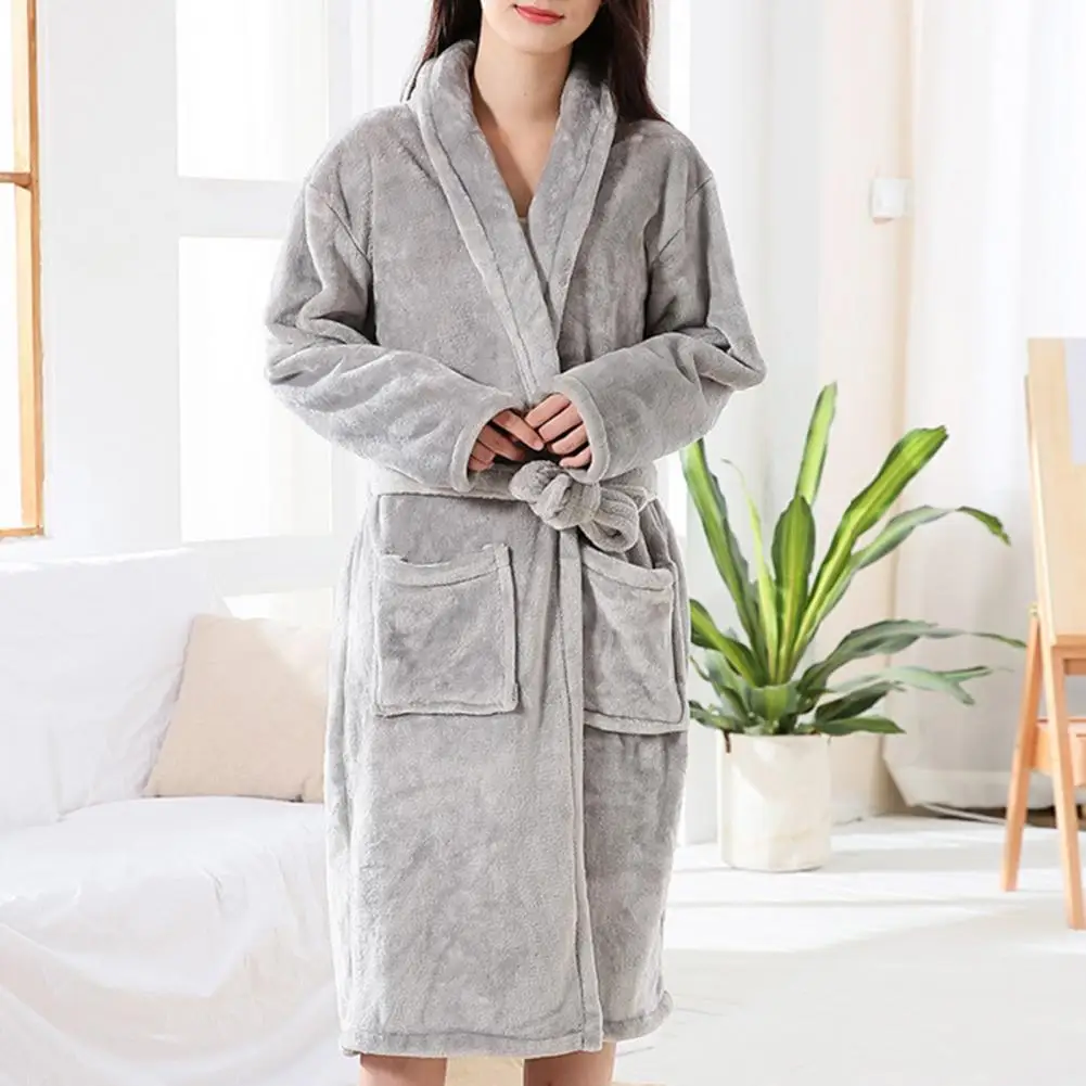 Women Knee-length Nightgown with Pockets Cozy Flannel Nightgown for Women Lapel Long Sleeve Knee Length Bathrobe Soft Thickened