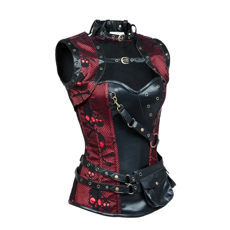 Gothic Red Skull Pu Leather Corset Jacket Armor With Shoulder Steel Boned Waist Trainer Steampunk Vintage Burlesque Costumes