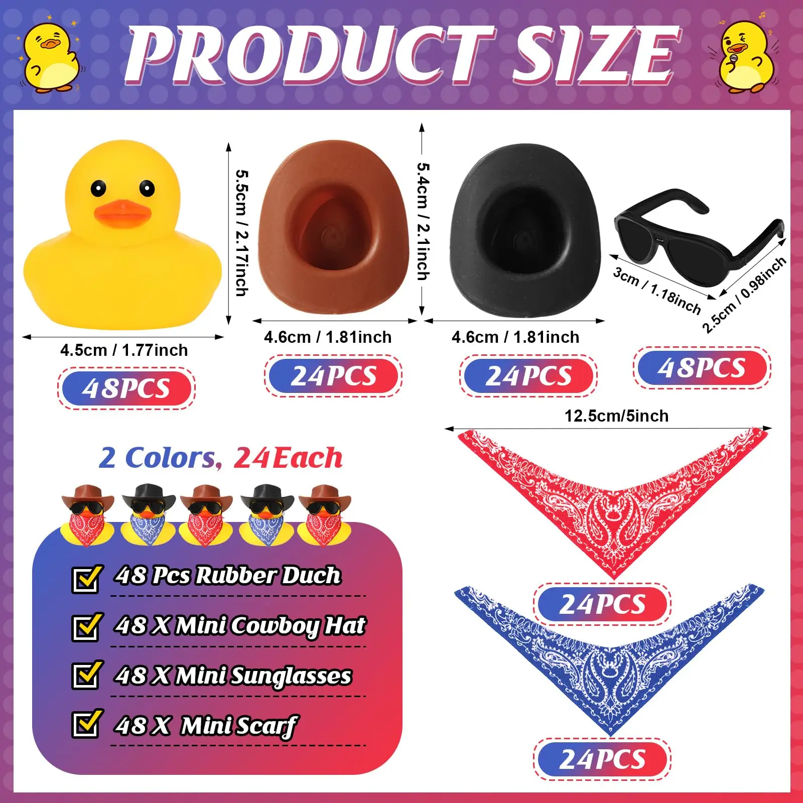 48sets Cowboy Rubber Duck with Cute Mini Cowboy Hat and Scarf and Sunglasses Mini Bath Rubber Duck Small Bathtub Accessories Toy