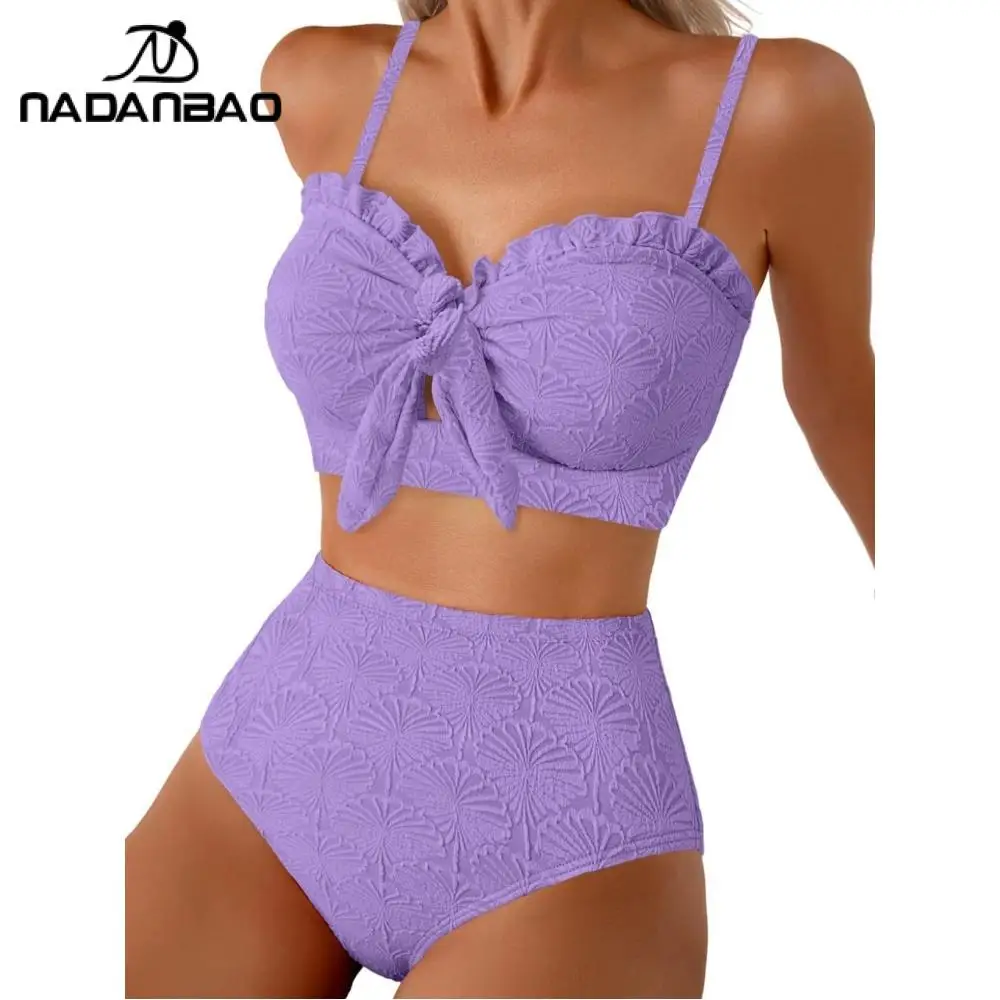 Nadanbao 2026 New Shell Textured Bikini Set Front Knot 2-Piece Swimsuit High Waist Pleated Edge Swimwear Beach Pool Bathing Suit