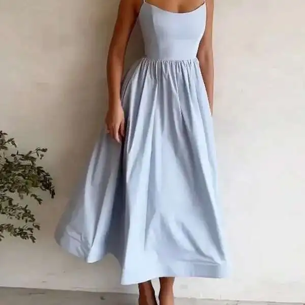 

Women's New Dopamine Solid Color Suspender Dress with Pleated Waist and Large Swing Suspender Dress Robe Vestido Women Elegant