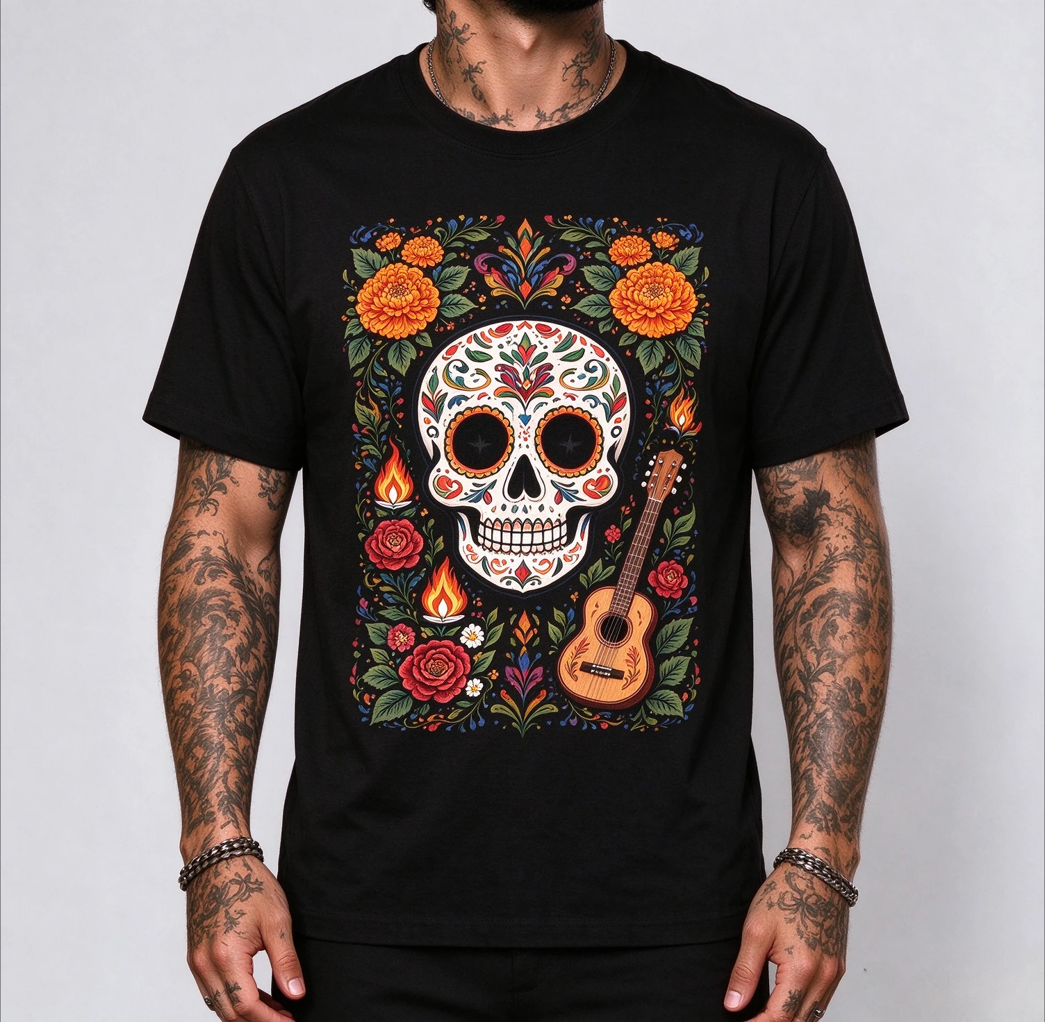 Men Dia De Los Muertos Sugar Skull Floral Guitar Graphic T-Shirt, Mexican Day of the Dead Crew Neck Short Sleeve Cotton Tee