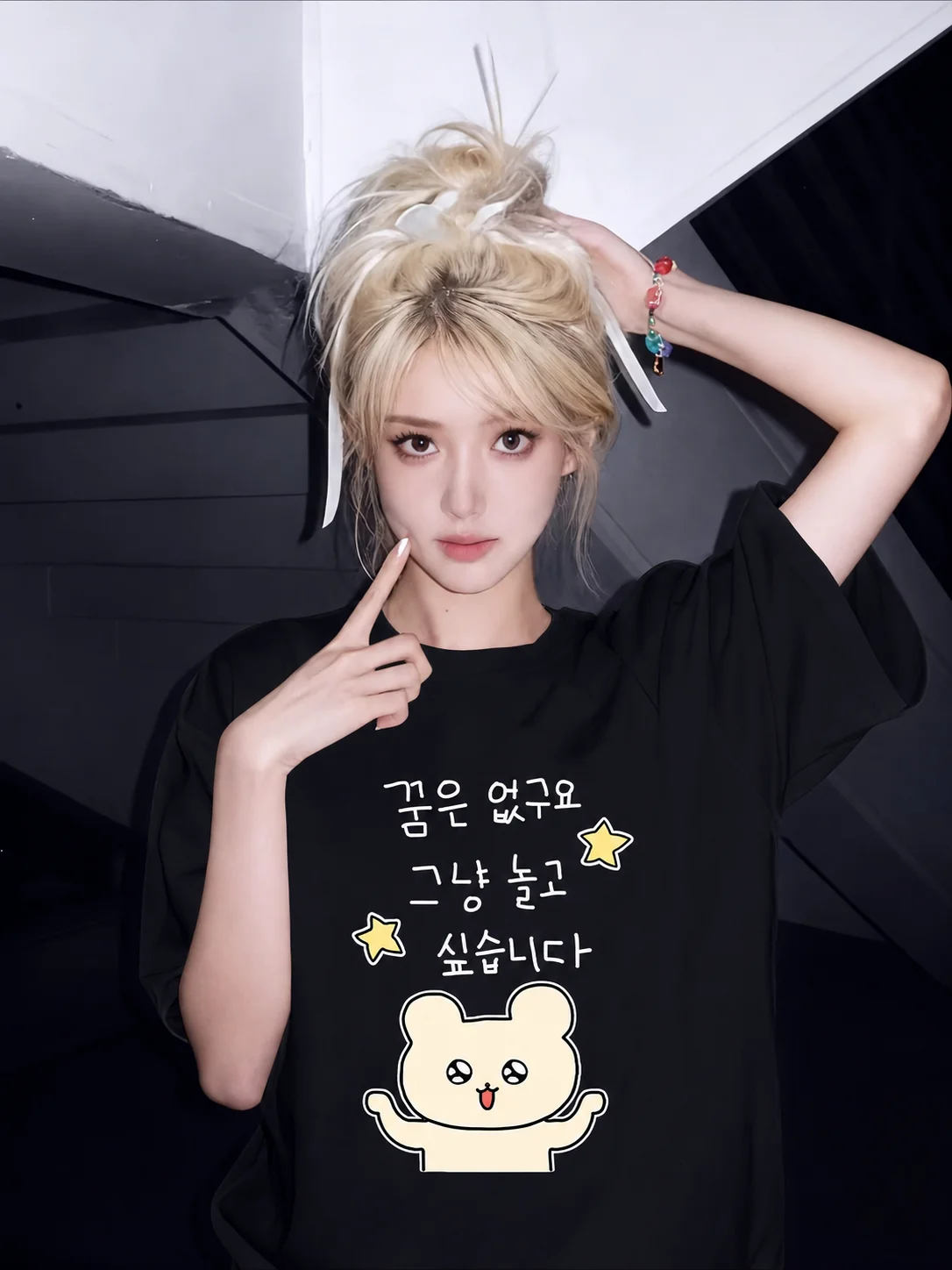 White Short Sleeved T-shirt with Fun Korean Text Combination Illustration Kawaii Y2k Men and Women Tops Versatile Summer T Shirt