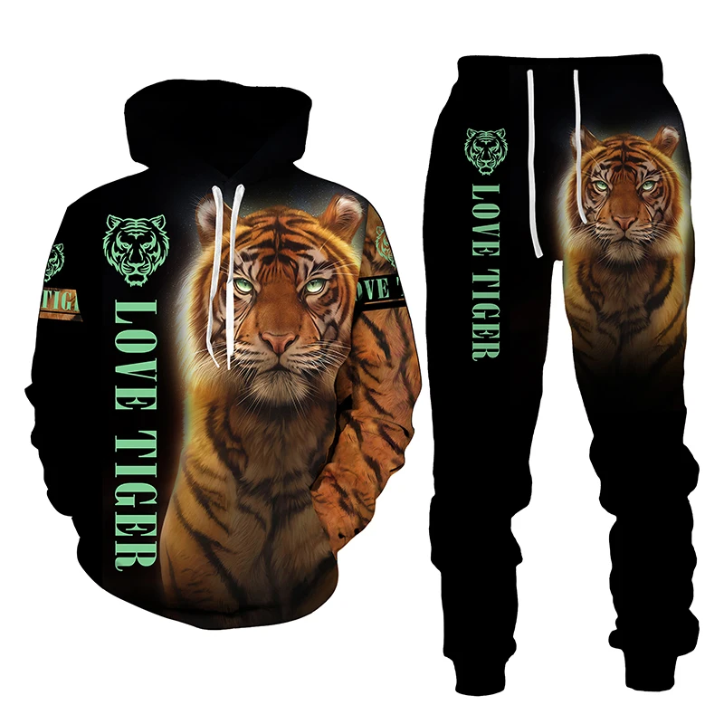 The Tiger 3D Printed Men\'s Hooded Sweatshirt Set Pants Men\'s Sportswear Tracksuit Long Sleeve Autumn Winter Men\'s Clothing Suit