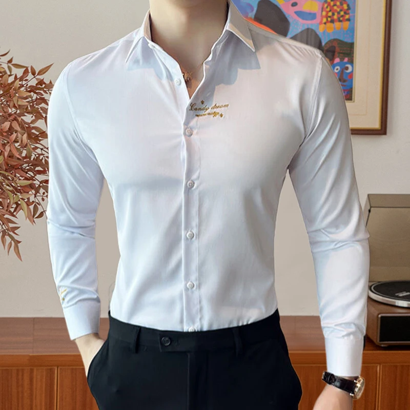 

British Casual Slim Shirt Dress Camisa Masculina Social Embroidered Lapel Neck Shirt Autumn Men Long Sleeve Simple Men Shirt