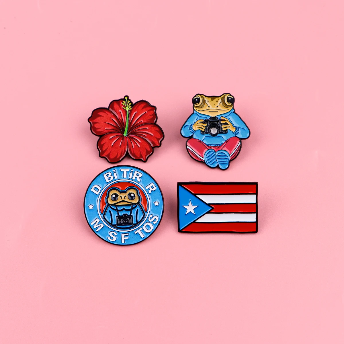 4pcs Kawaii Photographer Frog Enamel Pin Red Hibiscus Puerto Rico Flag Brooch For Coat Brooches Lapel Badges Jewelry Gift