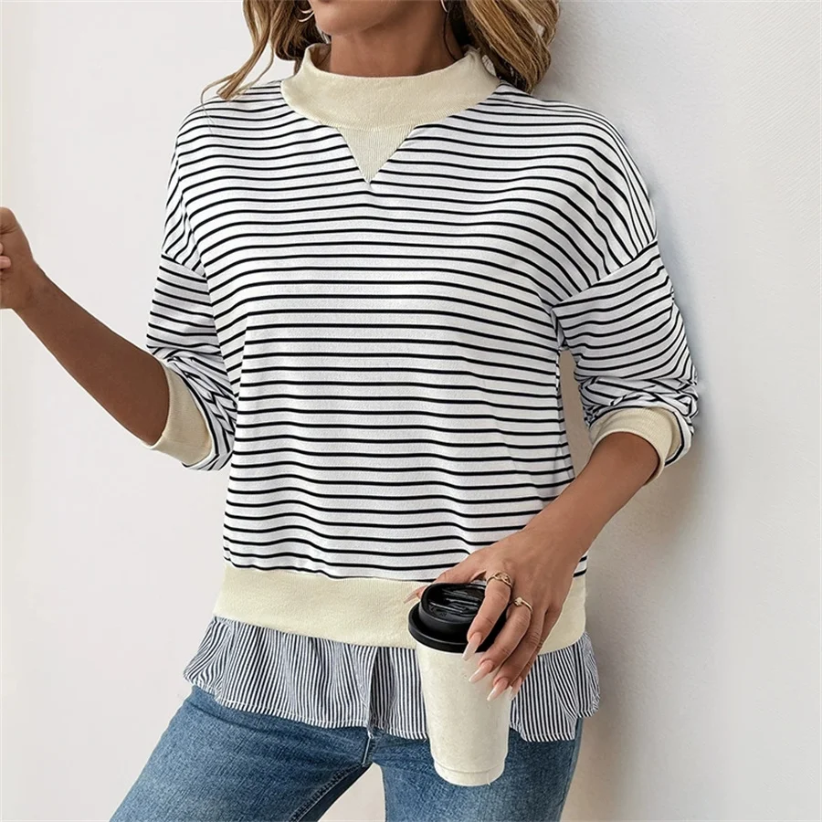 ZAROY Casual Versatile Women Sweatshirts Fashion Patchwork Striped Print Pullover Autumn Winter Long Sleeve Turtleneck  T-shirts
