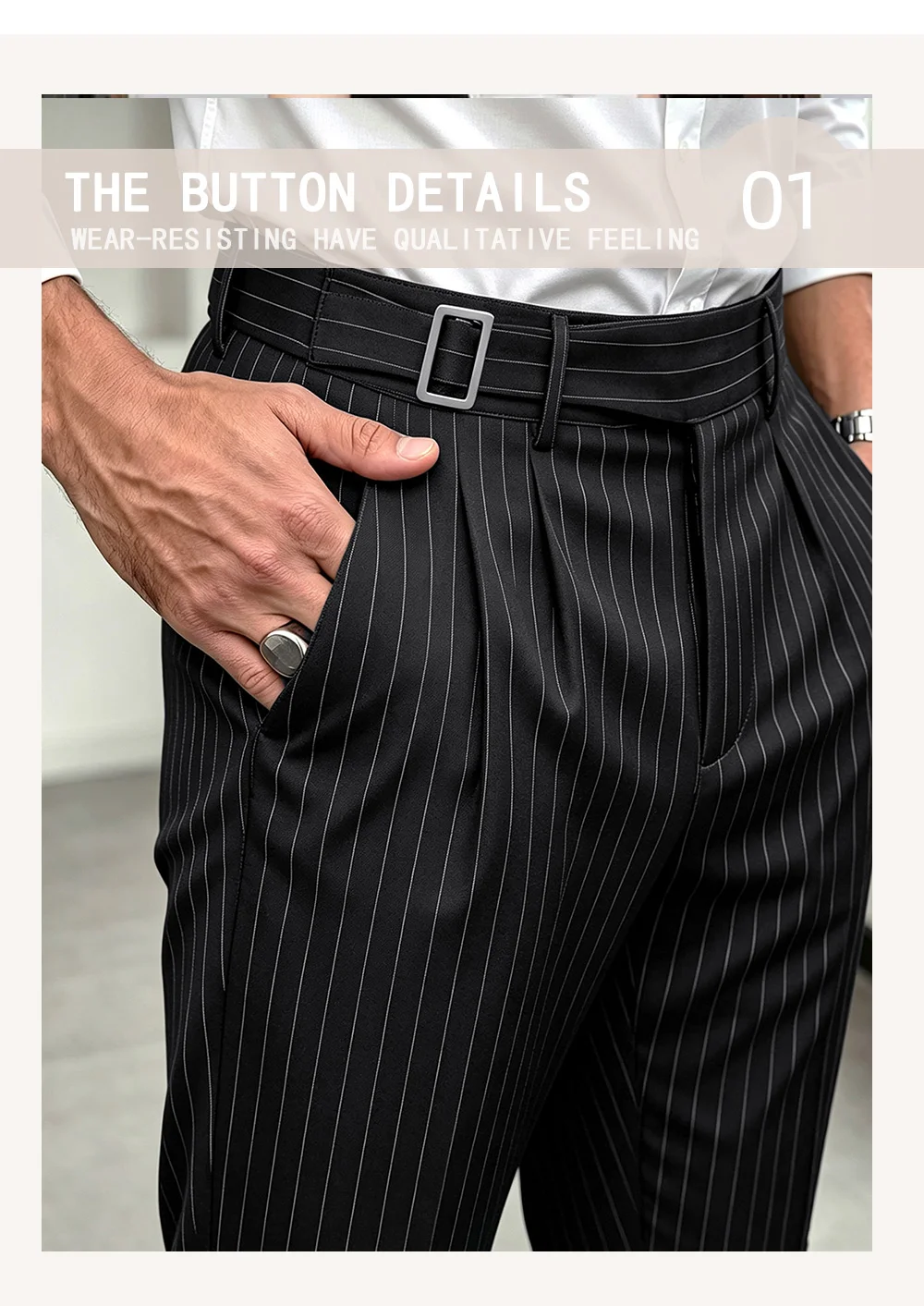Sommer- und Ganzjahres-Herrenhose mit Streifenmuster, verstellbare Taille, Taschen, taillierter Schnitt, Business-Casual-Arbeitshose – Detail 3