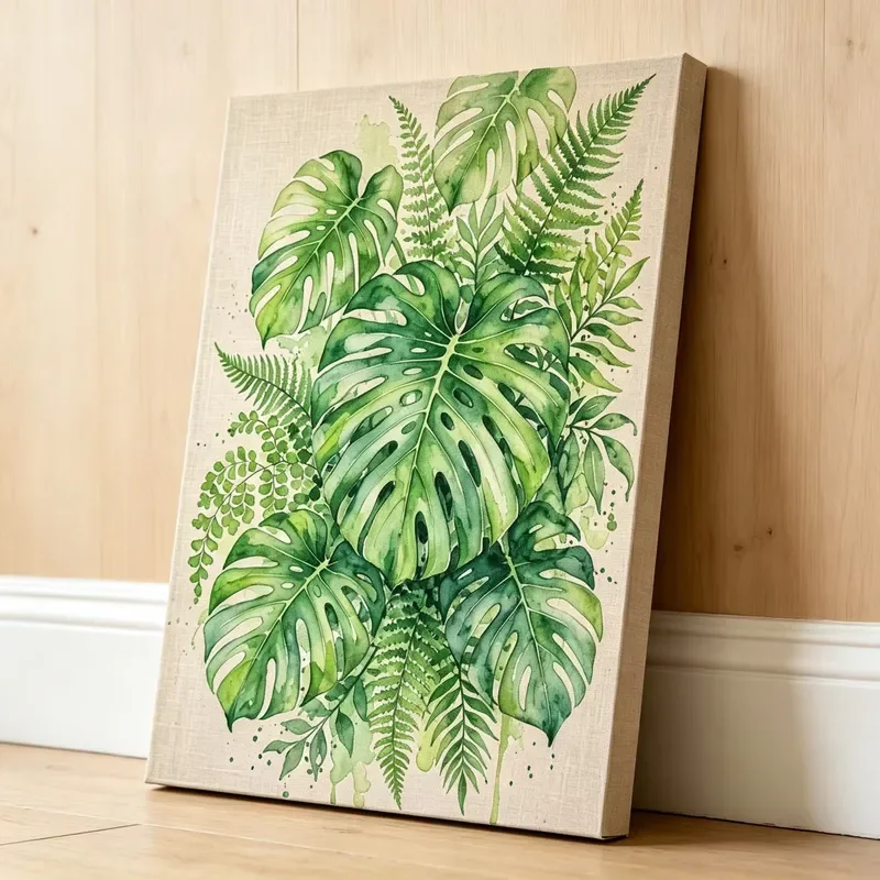 Large Monstera Leaf Botanical Wall Art Organic Biophilic Style Watercolor Foliage Canvas Decor Print for Living Room