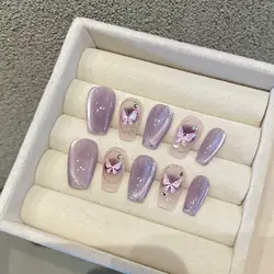 10Pcs Ballerina Full Cover Nail Tips Long Coffin Handmade False Nails with Butterfly Design Purple Wearable Fake Nail Press On
