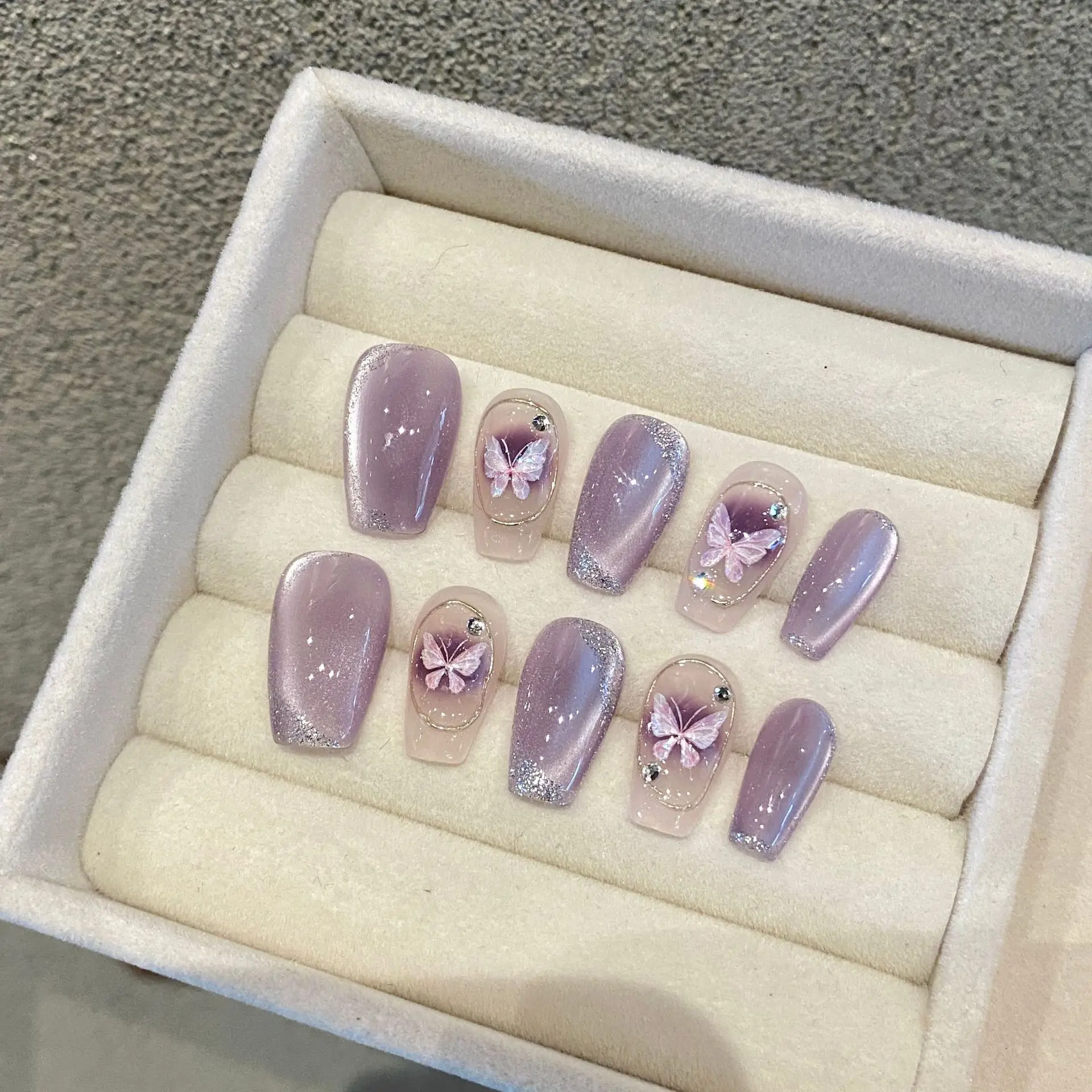 10Pcs Ballerina Full Cover Nail Tips Long Coffin Handmade False Nails with Butterfly Design Purple Wearable Fake Nail Press On