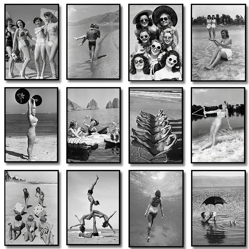 Black and White Women Sunbathing on Beach Surf Girls Photography Poster Canvas Painting Wall Art Pictures Home Interior Decor