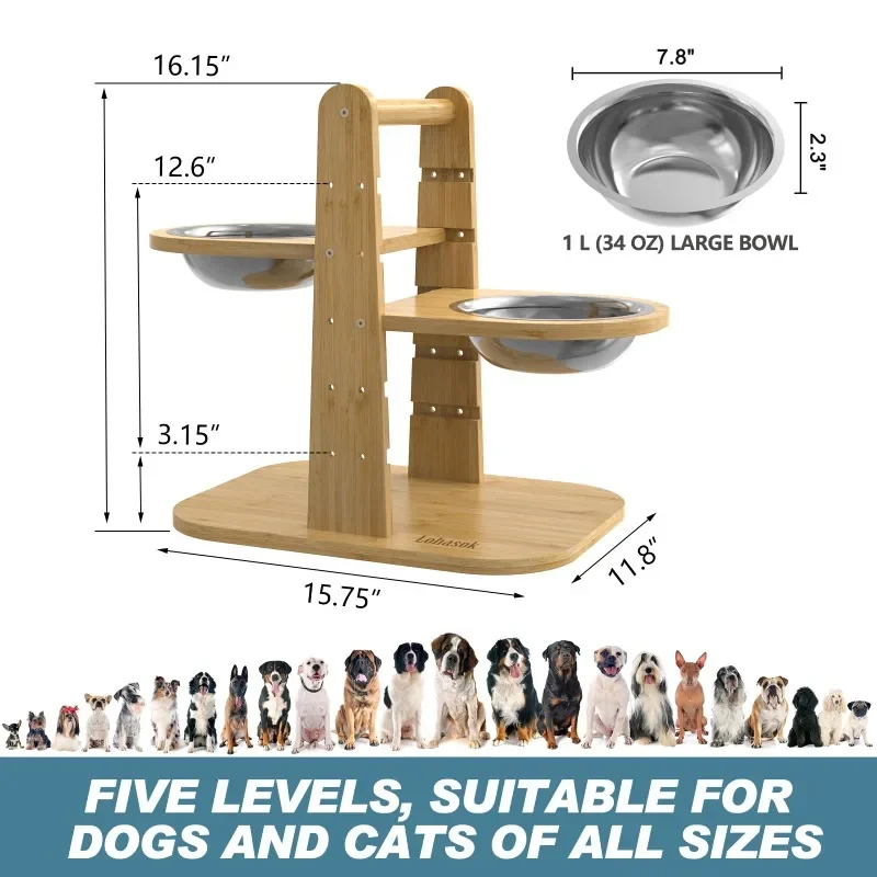 Adjustable Raised Dog Bowl with Non-Skid Feet Bamboo Elevated Feeder Stand with 2 Stainless Steel Bowls 5 Level Feeding Station