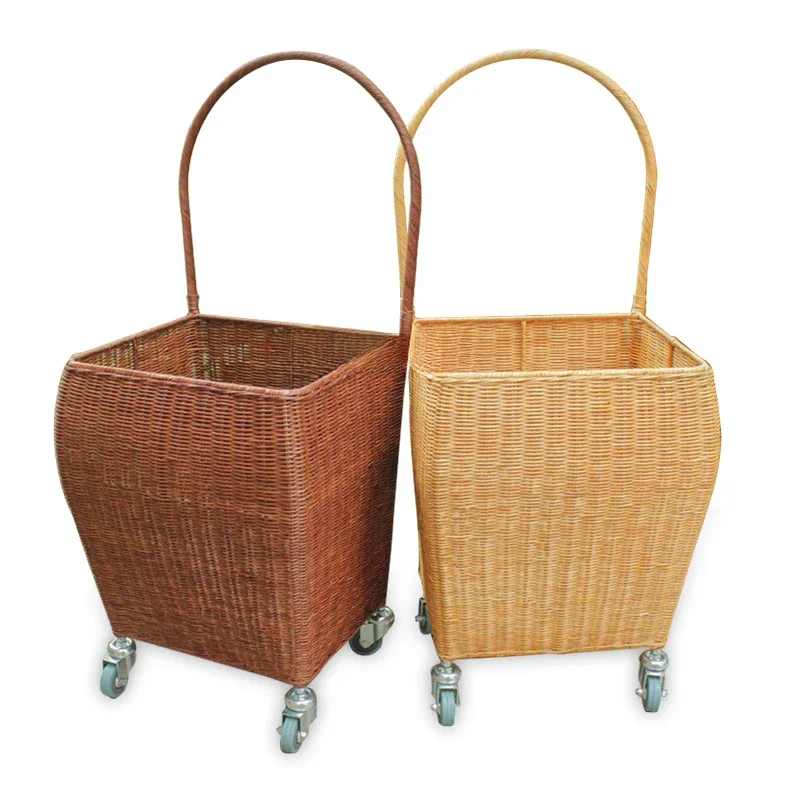 Rattan Real Rattan Portable Shopping Grocery Shopping Cart Large Capacity Luggage Trolley Hand Buggy