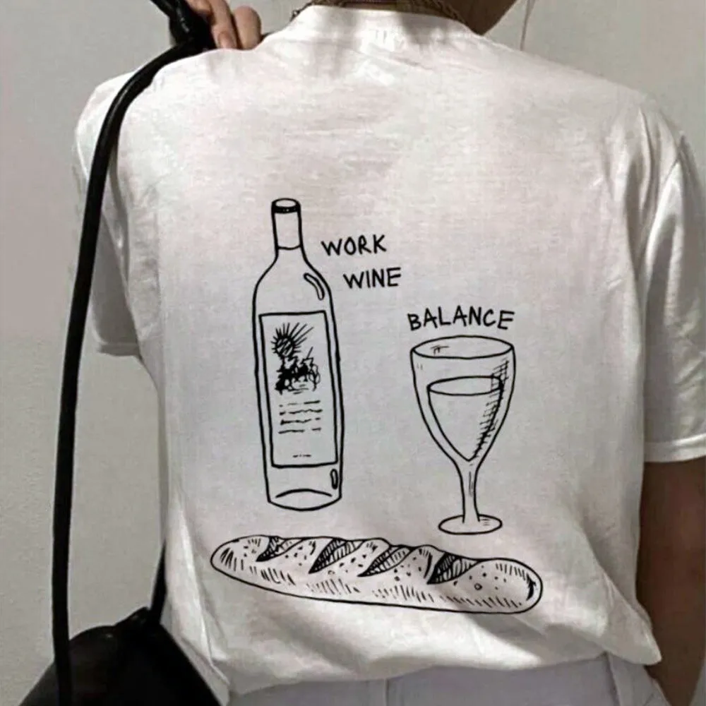 

Забавные белые футболки с буквенным принтом Work Wine Balance, женские свободные хлопковые футболки с короткими рукавами, модные рубашки для любителей питья