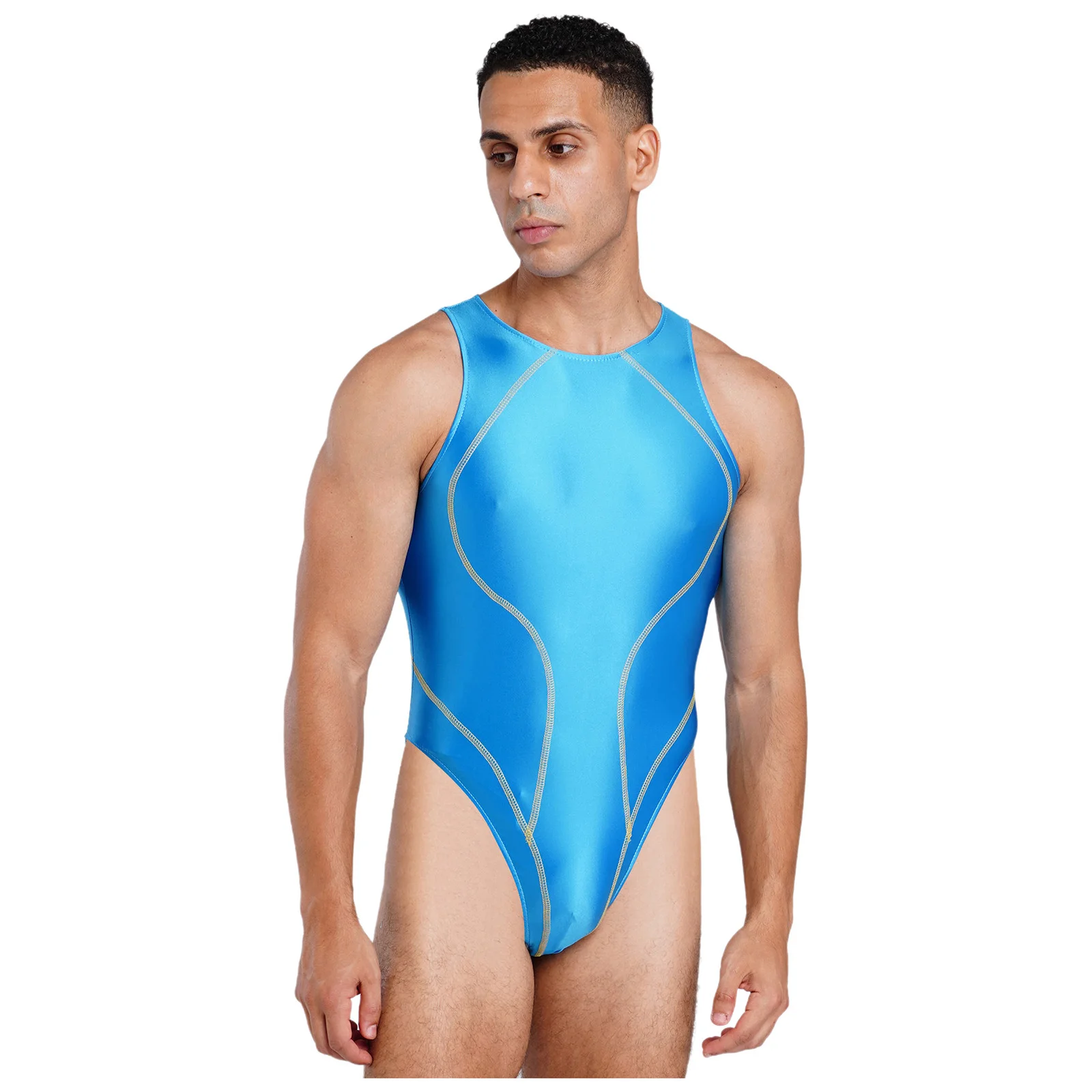 Herren-Lingerie Ölglänzender Einteiliger Badeanzug Farbblock-Nähte Ärmellos Hochgeschnittener Bodysuit Bademode – Detail 9