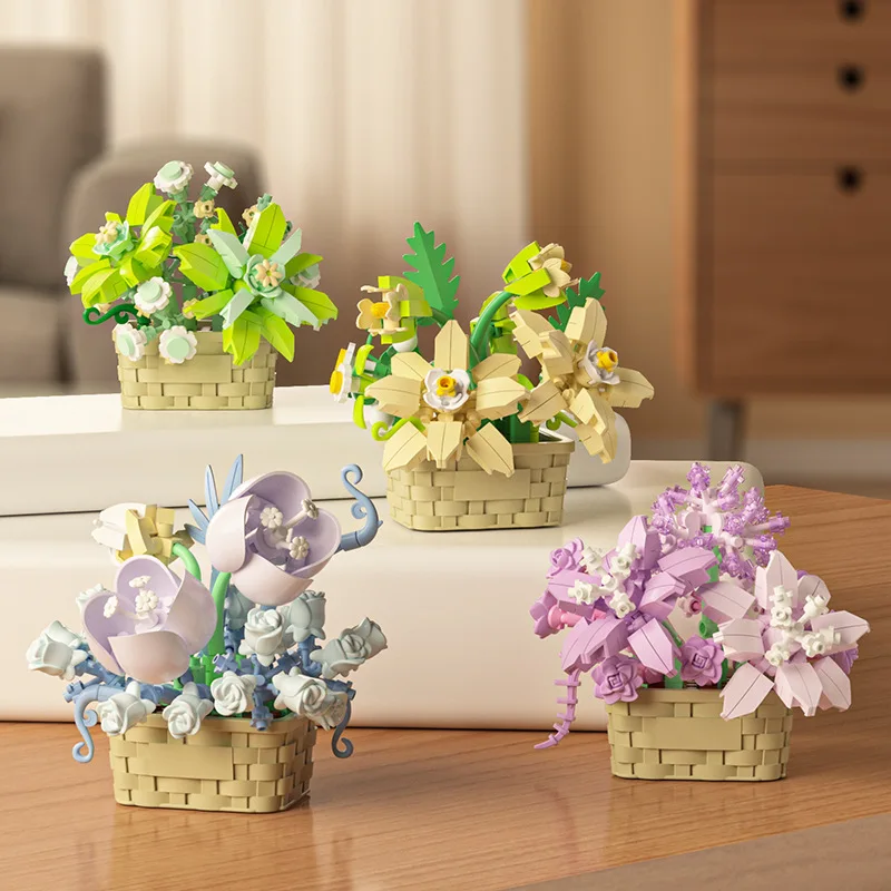 Flower Bouquet Building Blocks Succulents Artificial Basket Kit Bonsai Garden Micro Bricks DIY Potted Plants Model Toys For Kids