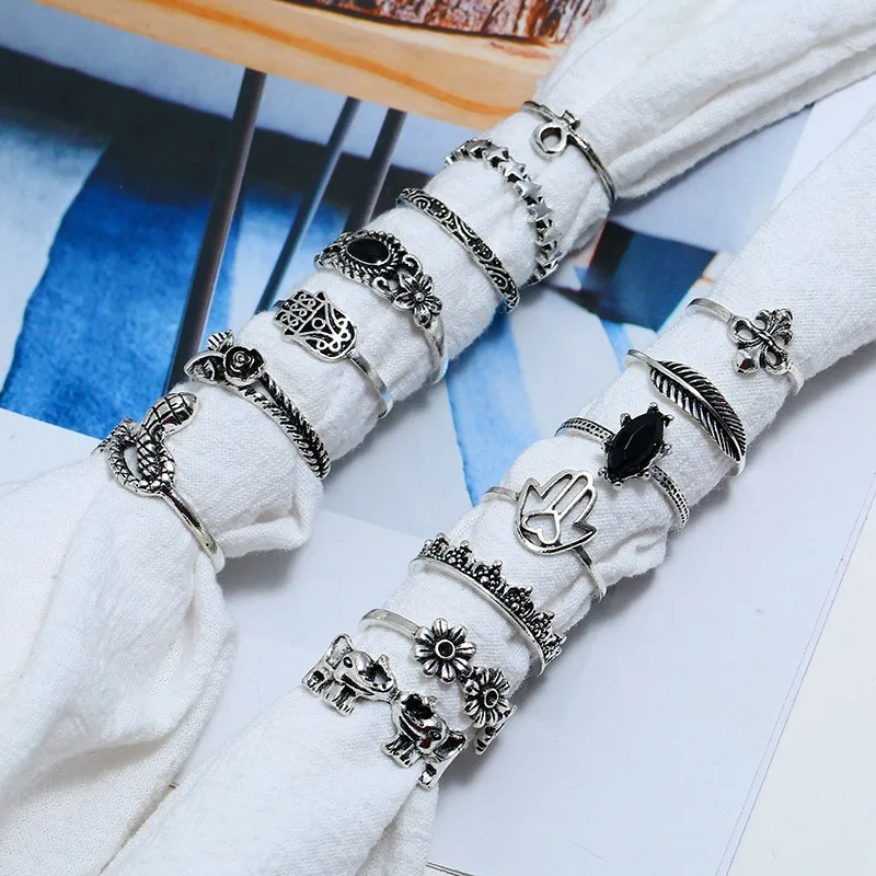 Cross-border new models, fashionable European and American style, elephant flowers, leaves, stars, palm alloy 14-piece ring manu