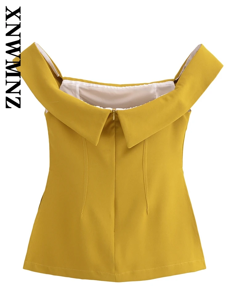 XNWMNZ 2024 Autumn New Female Streetwear Short Vest Two-piece Chic Woman Yellow Sleeveless Top Slim zipper Jumper Leisure suit