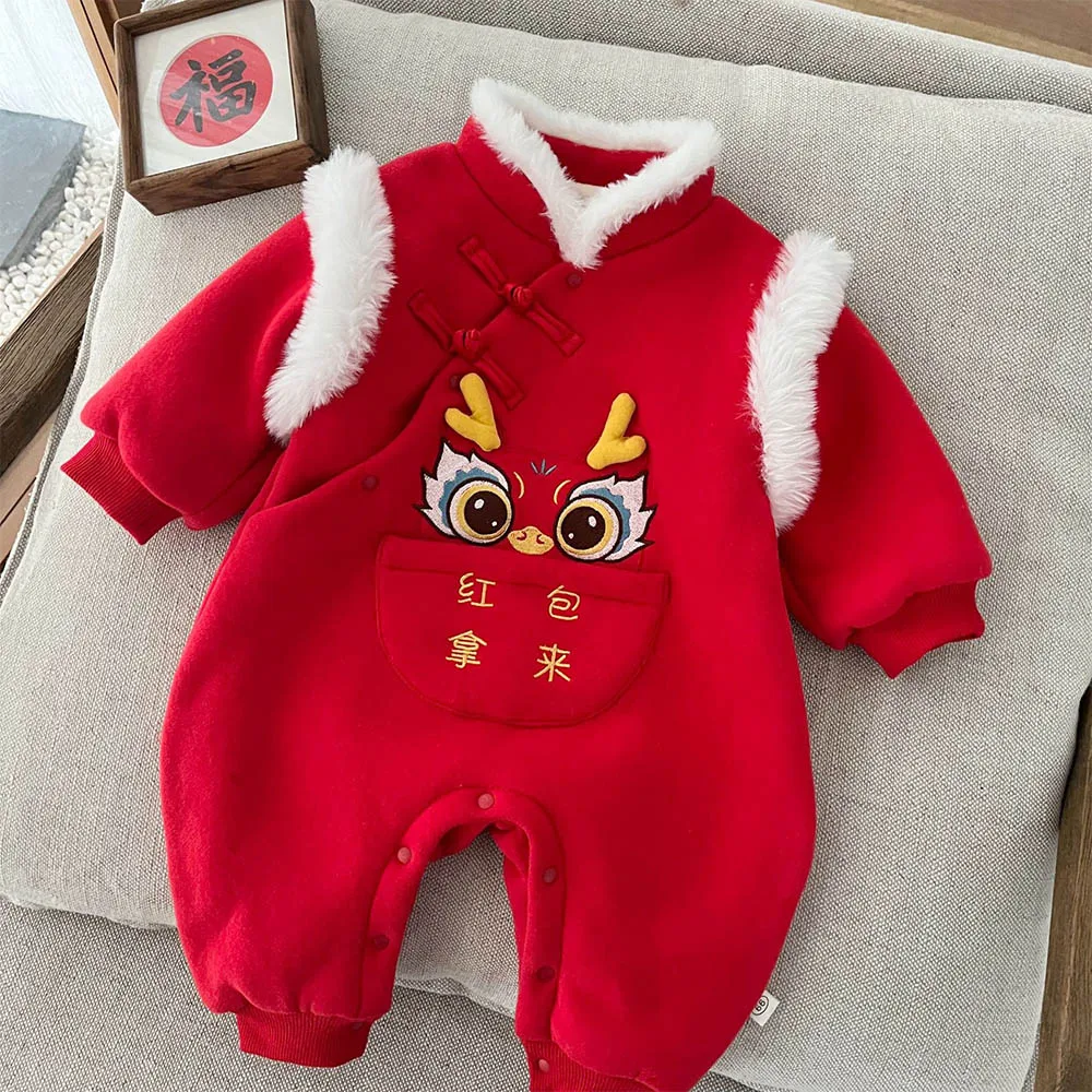 Baby Rompers Long Sleeve Winter Fleece Thicken Warm Newborn Boy Clothes Red Color Chinese Style New Year Baby Girl Onesie