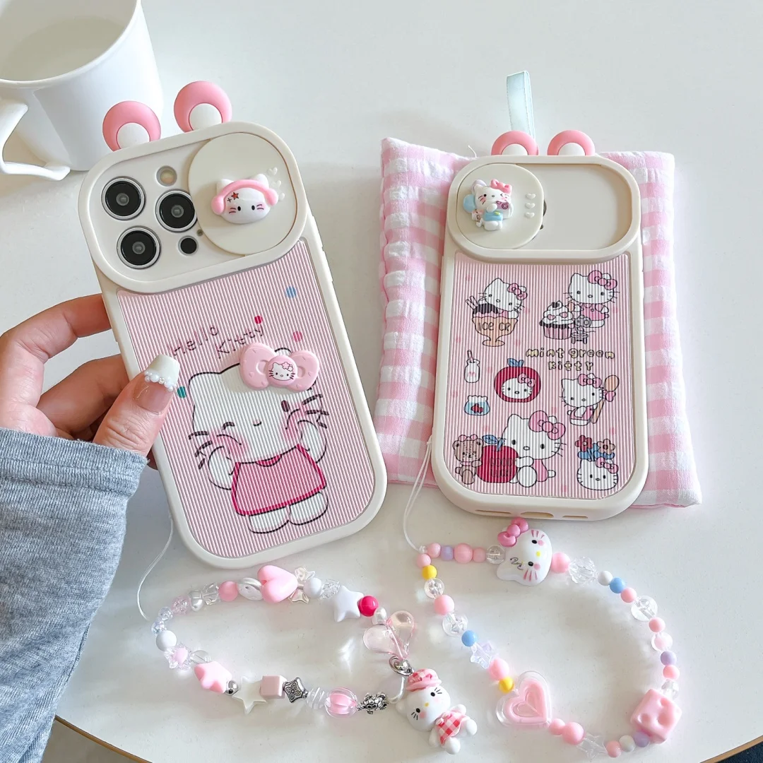 

Kawaii 3D Cartoon Hello Kitty Push Pull camera Silicone Phone Case For iPhone 16 15 14 13 12 11 Pro Max With Wrist Strap Cover