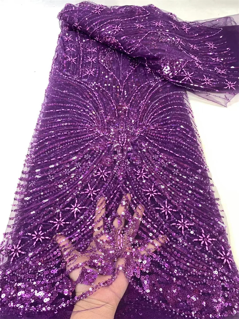 

Purple African Heavy Beaded 2024 High Quality Nigerian Sequin With Pearl Lace French Tulle Fabric For Party Wedding DressWp740-1