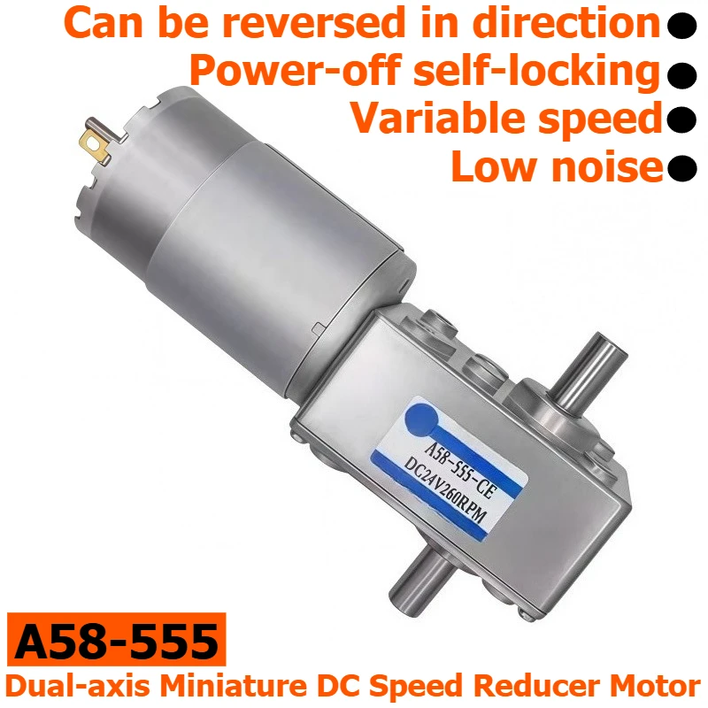 Miniature DC Reduction Worm Gear Motor with Dual Output Shafts A58-555, Self-locking When Power Is Off, Low-noise Motor